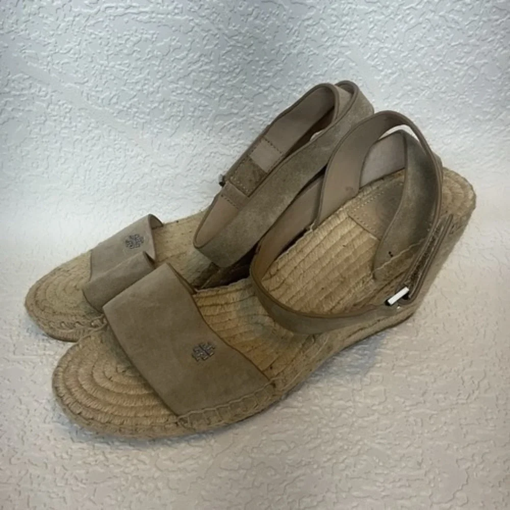 Tory Burch Bima Tan‎ Wedge Espadrille Ankle Strap Sandals Women 8 Spain Leather